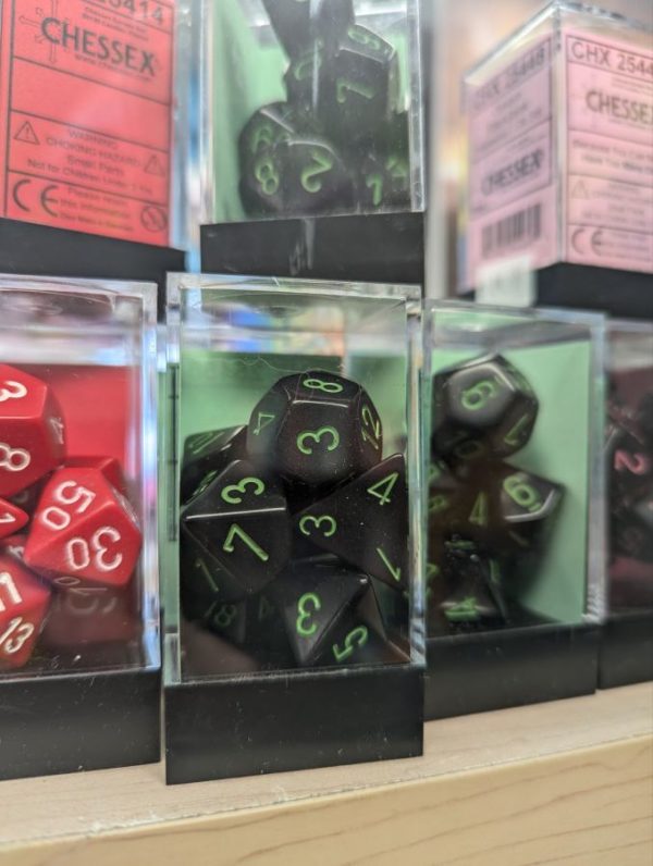 7 Piece Dice Set - Black and Green 
(Chessex)